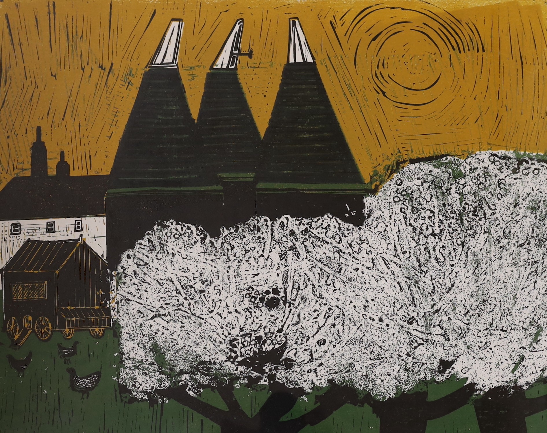 Robert Tavener (1920-2004), linocut, 'Kentish Oast Houses', signed and dated '65 and inscribed Artist's proof 2/30, 54 x 66cm